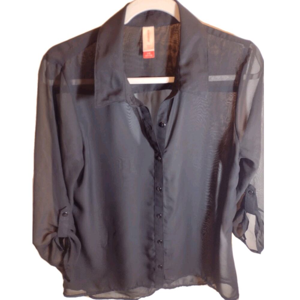 Sheer Black Button Blouse Fairycore Y2K Vintage Romantic Goth Junior Lg 11/13
